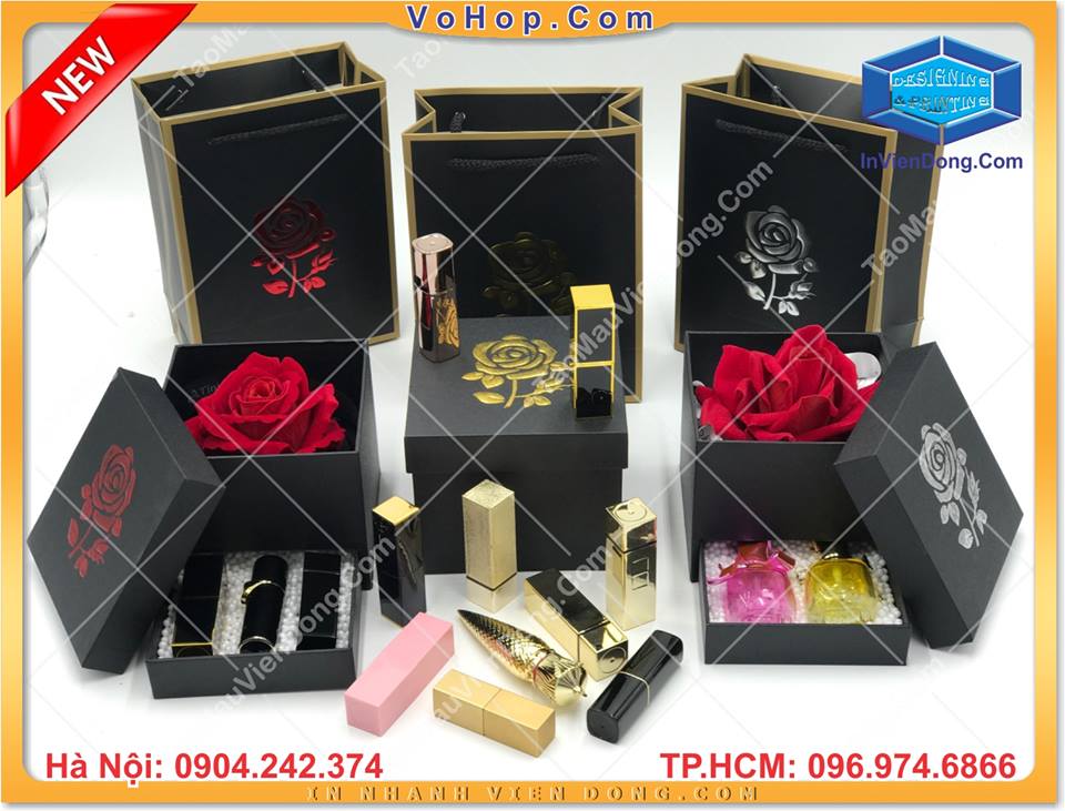 Hộp quà bí mật Hoa hồng đựng Son môi rẻ, đẹp có sẵn | In nhanh Lay ngay Ha Noi HCM, Cung cap Tui, Hop dung qua